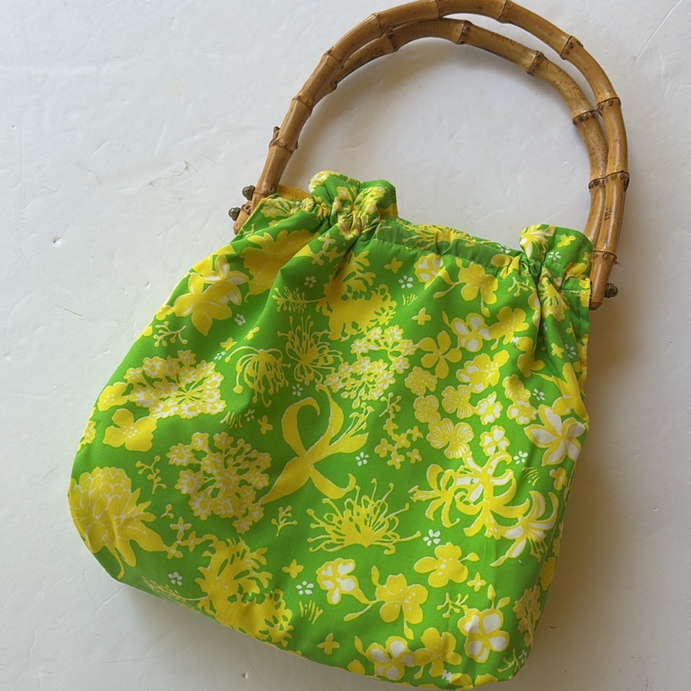 True Vintage 70’s Pulitzer De Lanthe Printed Purse Bamboo 60’s Bermuda Bag Tote - Picture 3 of 17